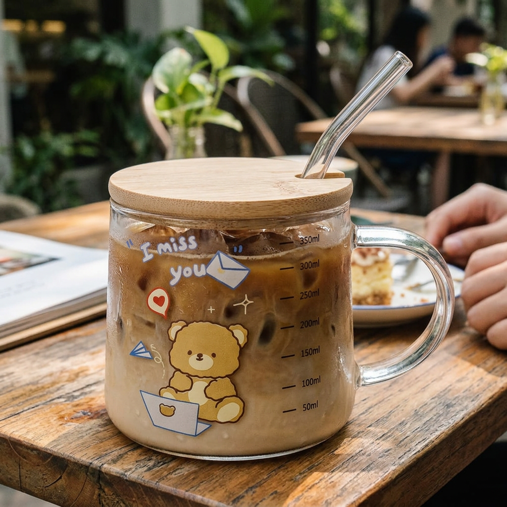 竹蓋玻璃杯，可客製印製企業 LOGO 的環保杯，咖啡店桌上蓋著竹蓋插著吸管裝冰美式的玻璃杯｜以泰禮品