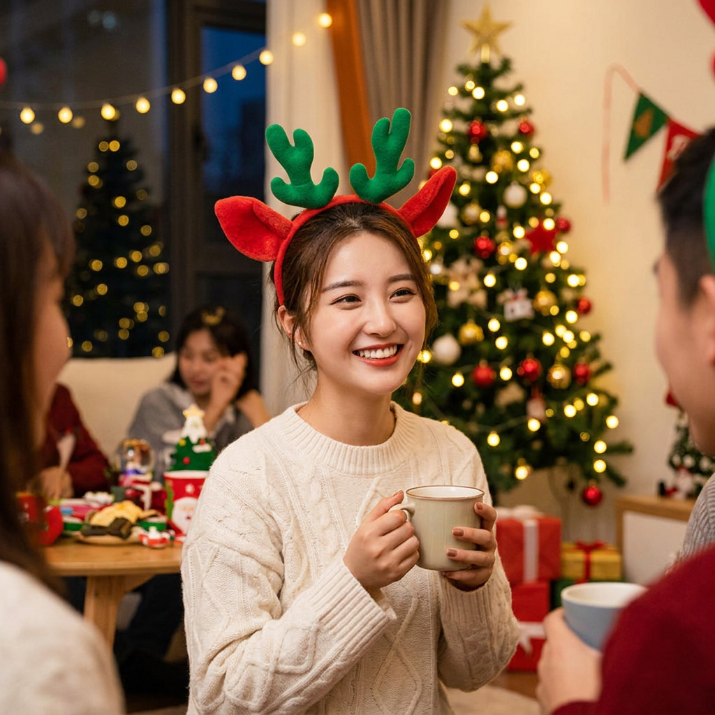 麋鹿髮箍，可客製印製企業 LOGO 的聖誕節活動贈品，員工戴著麋鹿角髮箍參加公司聖誕派對合影的歡樂情境｜以泰禮品