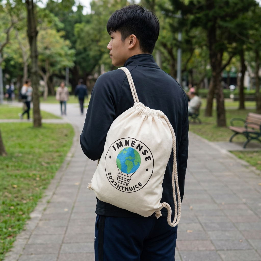 束口帆布袋，可客製印製企業 LOGO 的束口袋贈品，背著裝運動毛巾與水壺的束口袋前往健身房的情境｜以泰禮品