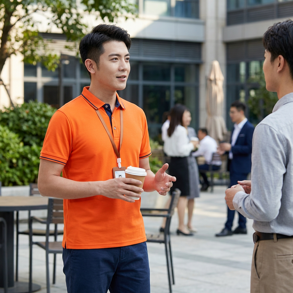 短袖POLO衫，可客製印製企業 LOGO 的公司制服，員工穿著POLO衫在公司櫃台親切接待來訪客戶的專業形象情境｜以泰禮品