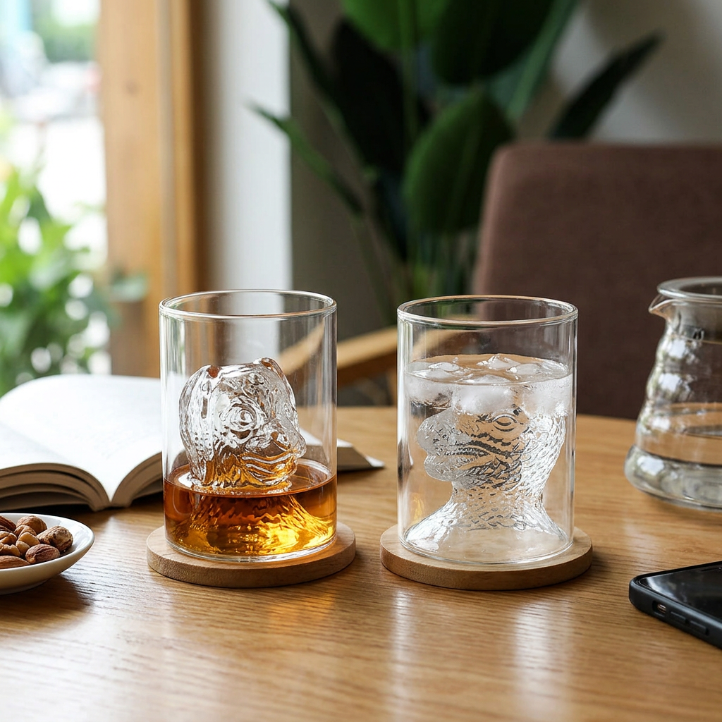 可訂製造型玻璃杯，可客製印製企業 LOGO 的客製造型玻璃杯，特殊杯型盛著調酒放在酒吧吧台上的品牌活動情境｜以泰禮品
