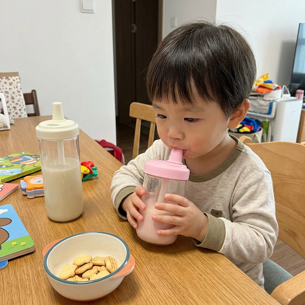 大象吸管杯，可客製印製企業 LOGO 的兒童活動贈品，可愛大象造型杯讓孩子在餐桌上用吸管喝牛奶的情境｜以泰禮品