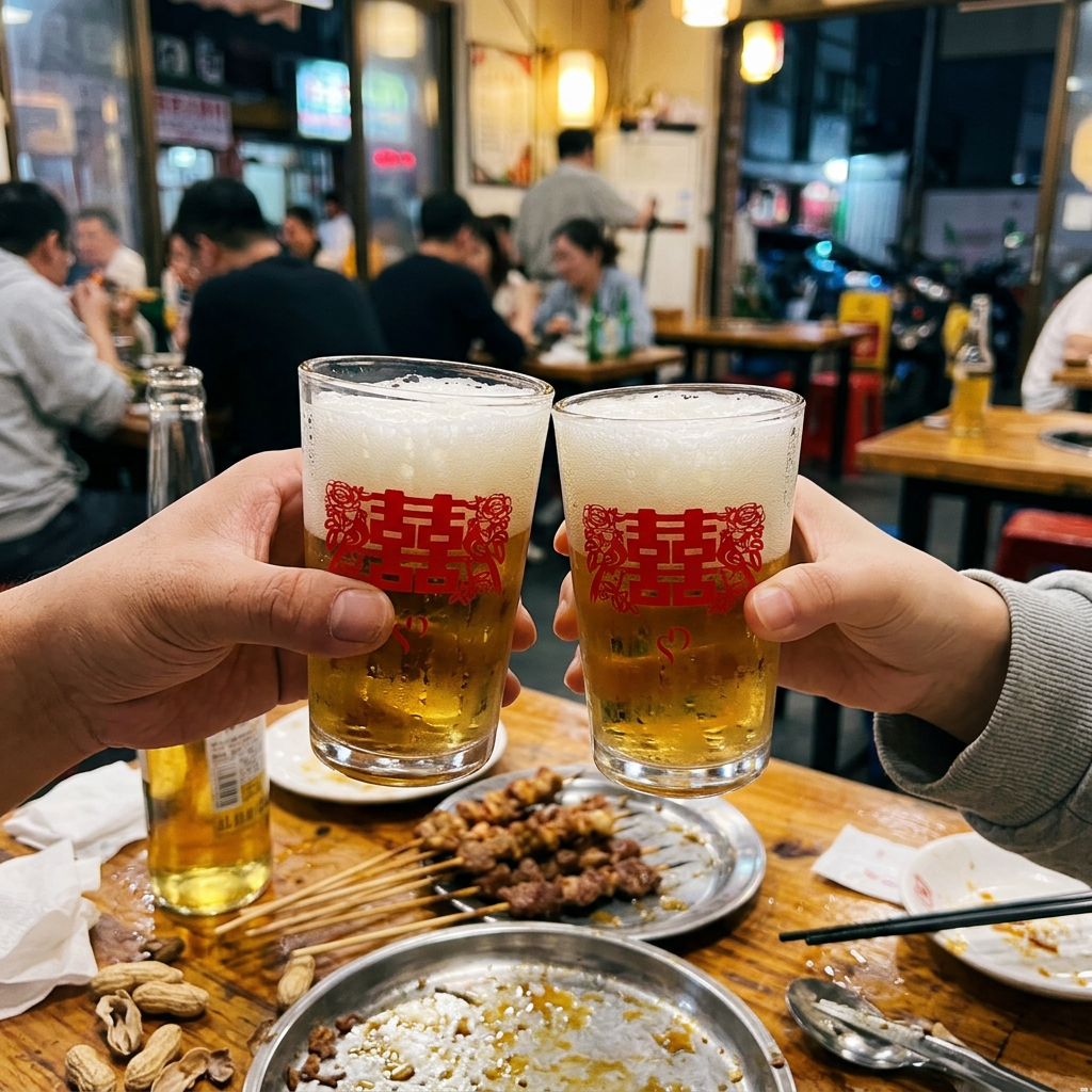 啤酒杯，可客製印製企業 LOGO 的酒杯贈品，餐酒館吧檯上倒滿金黃啤酒冒著綿密泡沫的玻璃啤酒杯｜以泰禮品