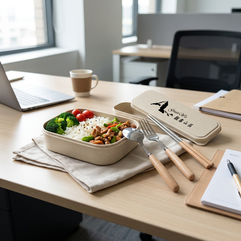 小麥木質不鏽鋼環保餐具3件套，可客製印製企業 LOGO 的環保餐具，午餐便當旁擺著木柄不鏽鋼湯匙、叉子與筷子三件組｜以泰禮品