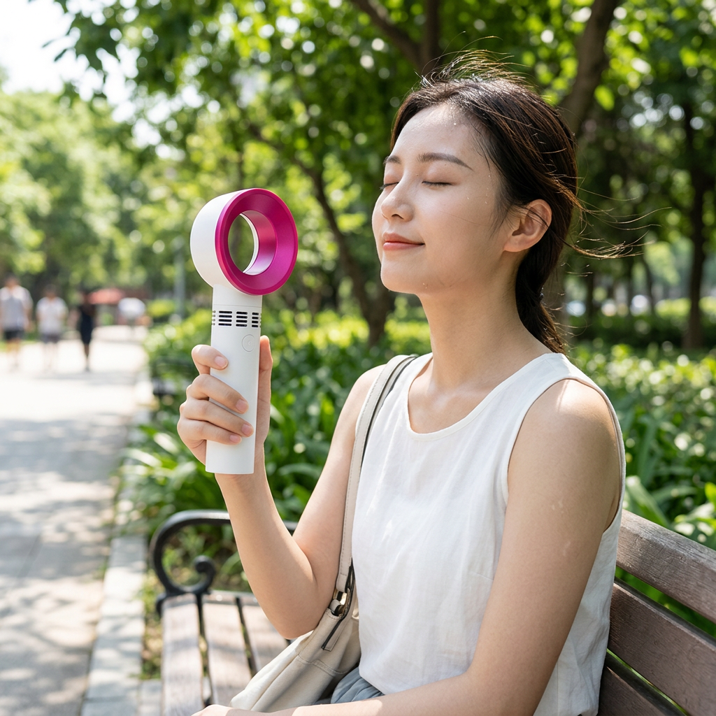 無葉手持風扇，可客製印製企業 LOGO 的夏季活動贈品，炎熱街頭手持無葉風扇對著臉吹涼的消暑情境｜以泰禮品