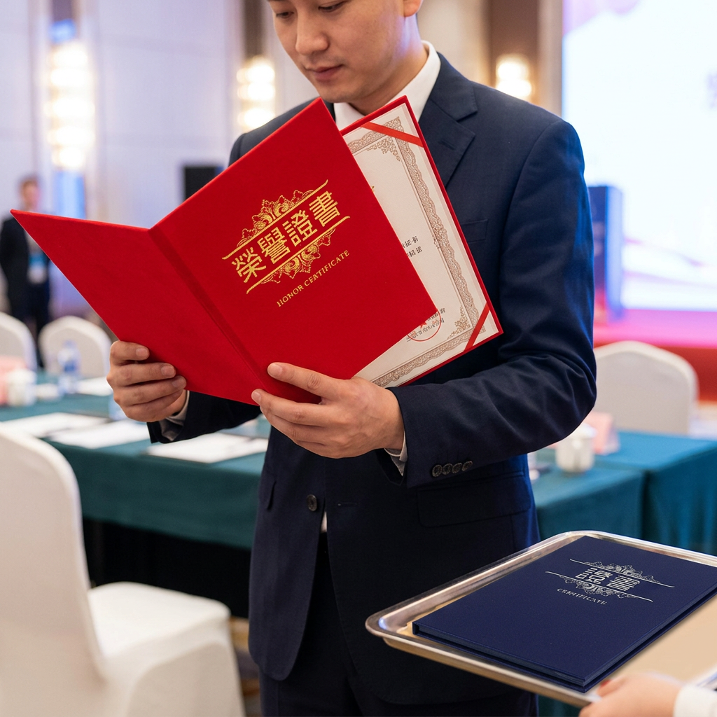 證書夾，可客製印製企業 LOGO 的頒獎禮贈品，在表揚典禮上雙手遞交裝著獎狀證書的證書夾的情境｜以泰禮品