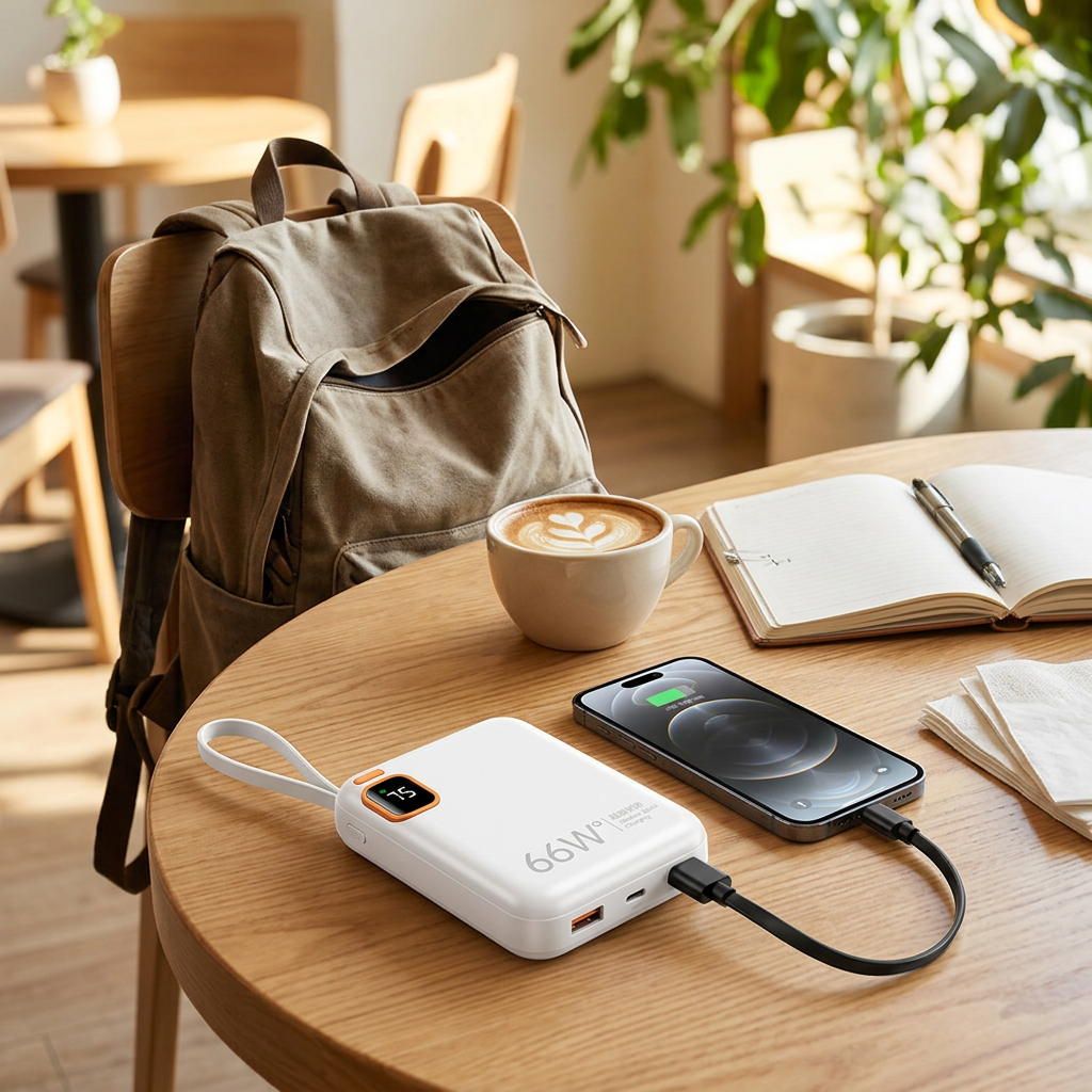 便攜快充多功能行動電源，可客製印製企業 LOGO 的科技禮贈品，旅途中在咖啡廳桌上為手機快速充電的情境｜以泰禮品