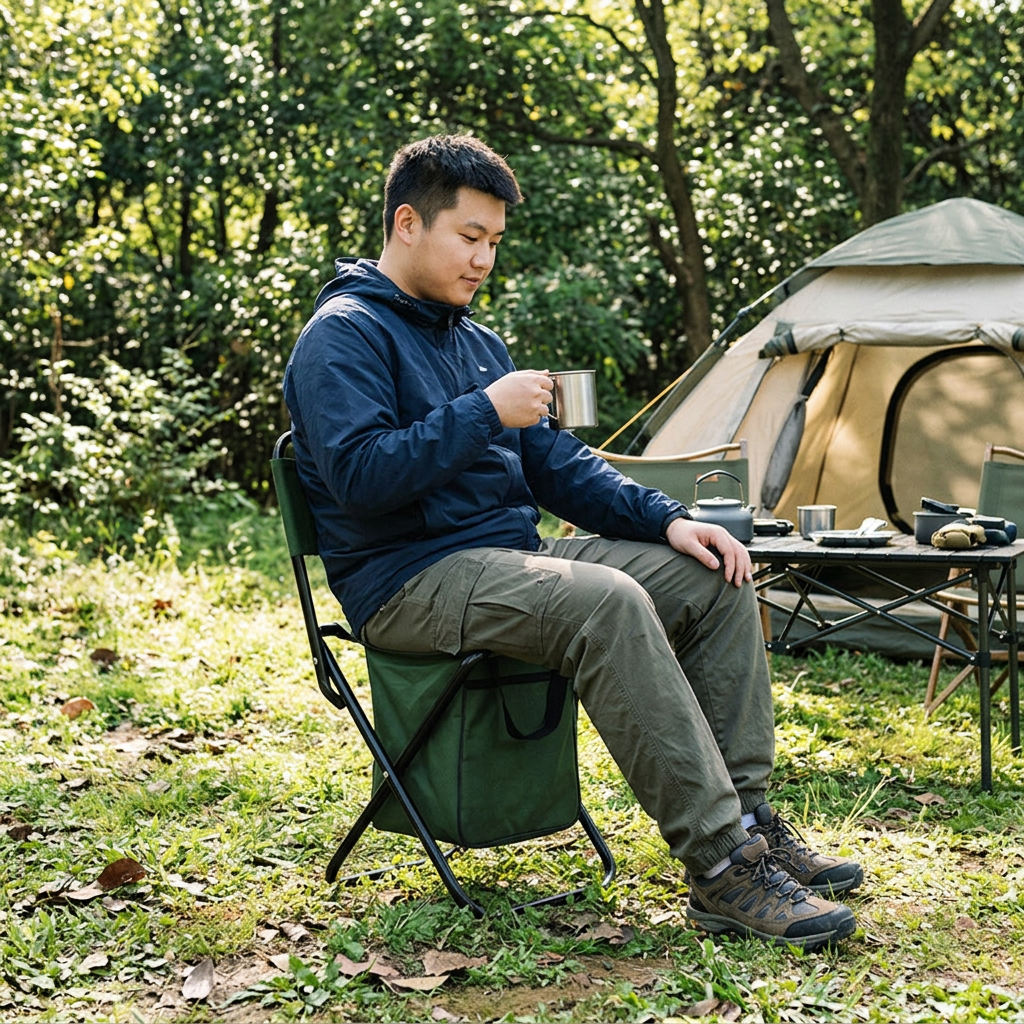 戶外迷你折疊椅，可客製印製企業 LOGO 的戶外活動贈品，在露營地或釣魚岸邊展開小折疊椅休息的情境｜以泰禮品