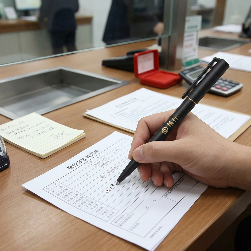 銀行磨砂廣告筆，可客製印製企業 LOGO 的廣告筆，放在銀行櫃台供客戶填寫表單的磨砂筆身原子筆情境｜以泰禮品