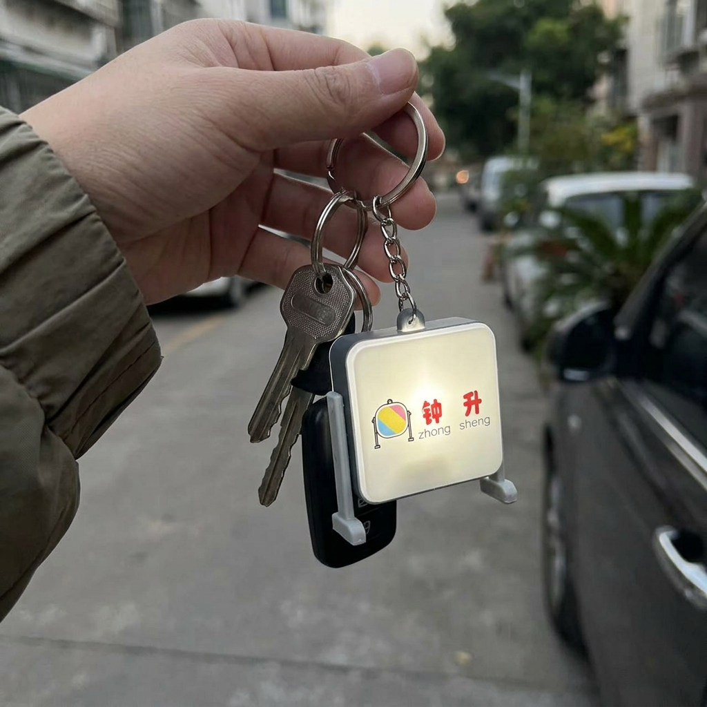 燈箱鑰匙圈，可客製印製企業 LOGO 的發光鑰匙圈，按下開關點亮透光圖案掛在包包上的夜間外出情境｜以泰禮品