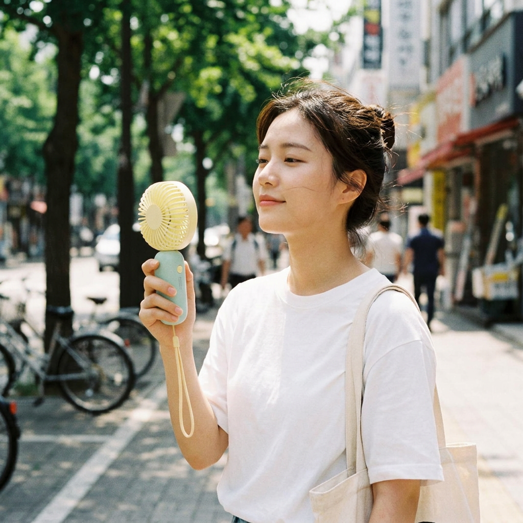 手持清涼小風扇，可客製印製企業 LOGO 的夏季活動贈品，戶外排隊時手持小風扇對臉吹涼的消暑情境｜以泰禮品