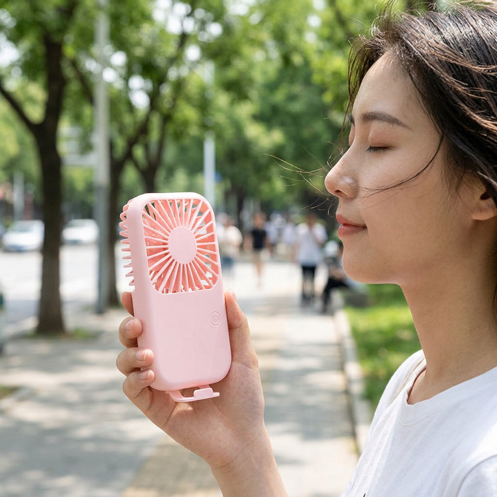 口袋小方風扇，可客製印製企業 LOGO 的夏季活動贈品，從口袋拿出小方風扇在通勤路上吹涼的情境｜以泰禮品