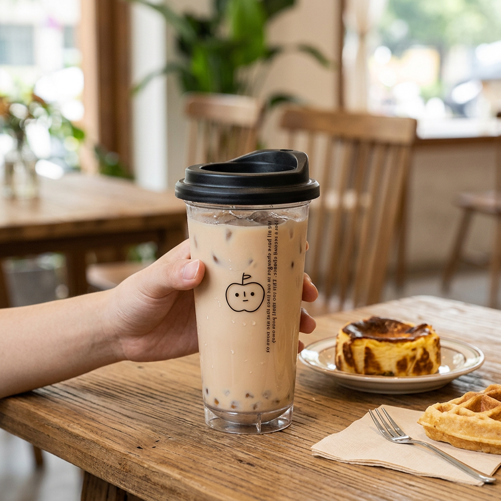 ins韓風蘋果奶茶杯，可客製印製企業 LOGO 的廣告杯，蘋果造型杯裝著珍珠奶茶放在韓系咖啡廳桌上的情境｜以泰禮品