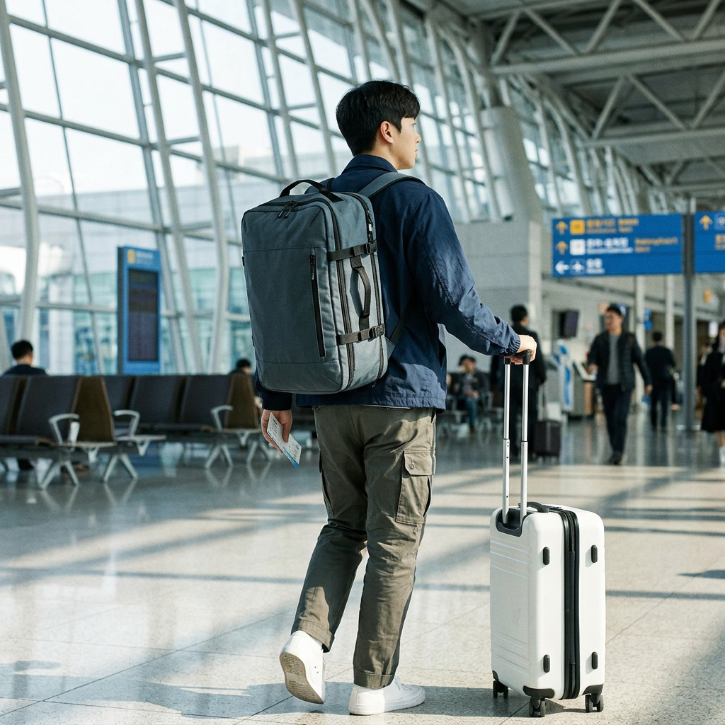 多功能旅行兩用雙肩包，可客製印製企業 LOGO 的旅行背包，可手提可後背、在機場航廈拉著行李出差的情境｜以泰禮品