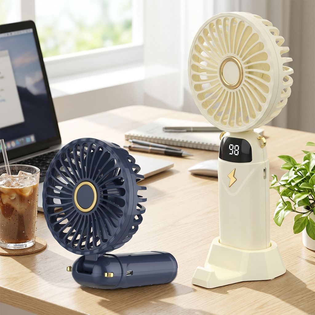 電量顯示桌面風扇，可客製印製企業 LOGO 的夏日活動贈品，放在辦公桌上顯示剩餘電量、安靜吹送涼風的桌扇｜以泰禮品