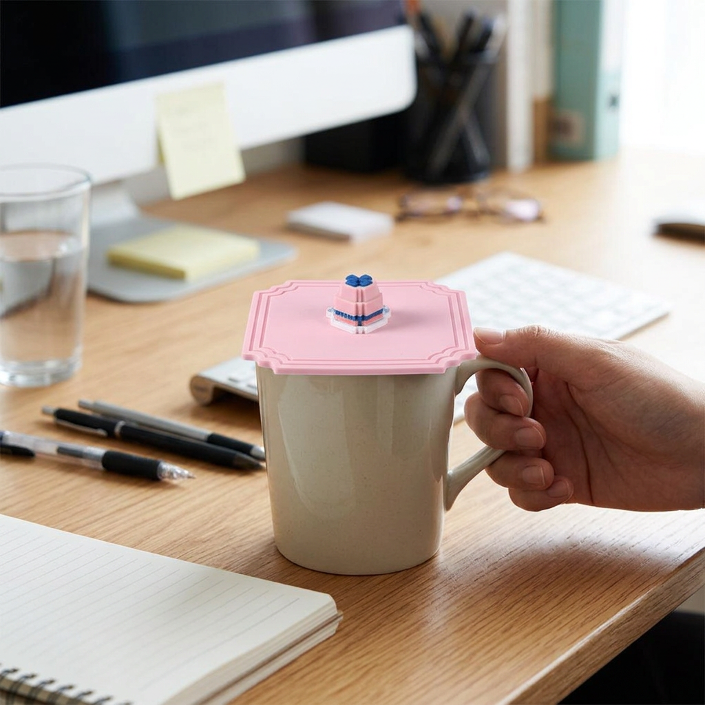 矽膠造型杯蓋，可客製印製企業 LOGO 的居家活動贈品，蓋在馬克杯上防塵保溫、擺在辦公桌上的情境｜以泰禮品