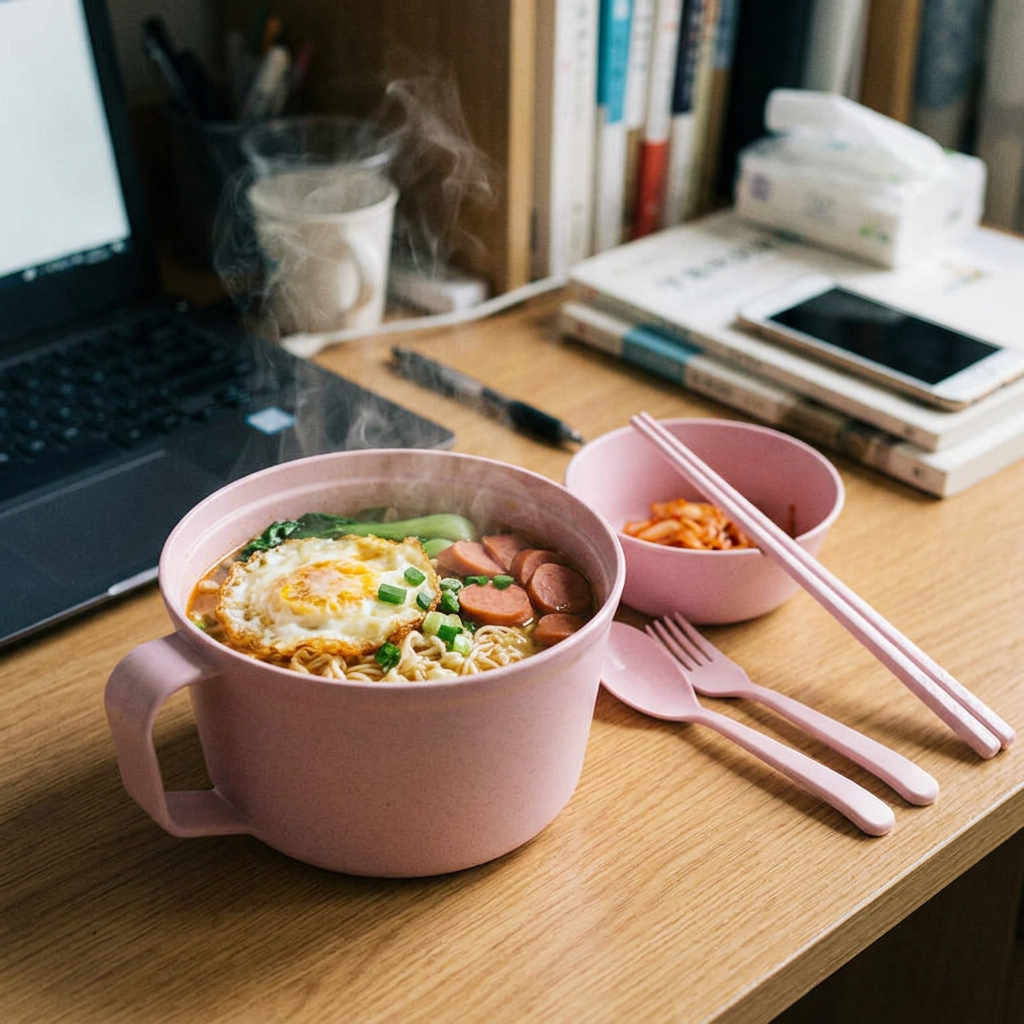 小麥秸稈簡約泡麵碗，可客製印製企業 LOGO 的環保餐具贈品，蓋著碗蓋在宿舍書桌上泡著熱騰騰泡麵的小麥秸稈碗｜以泰禮品