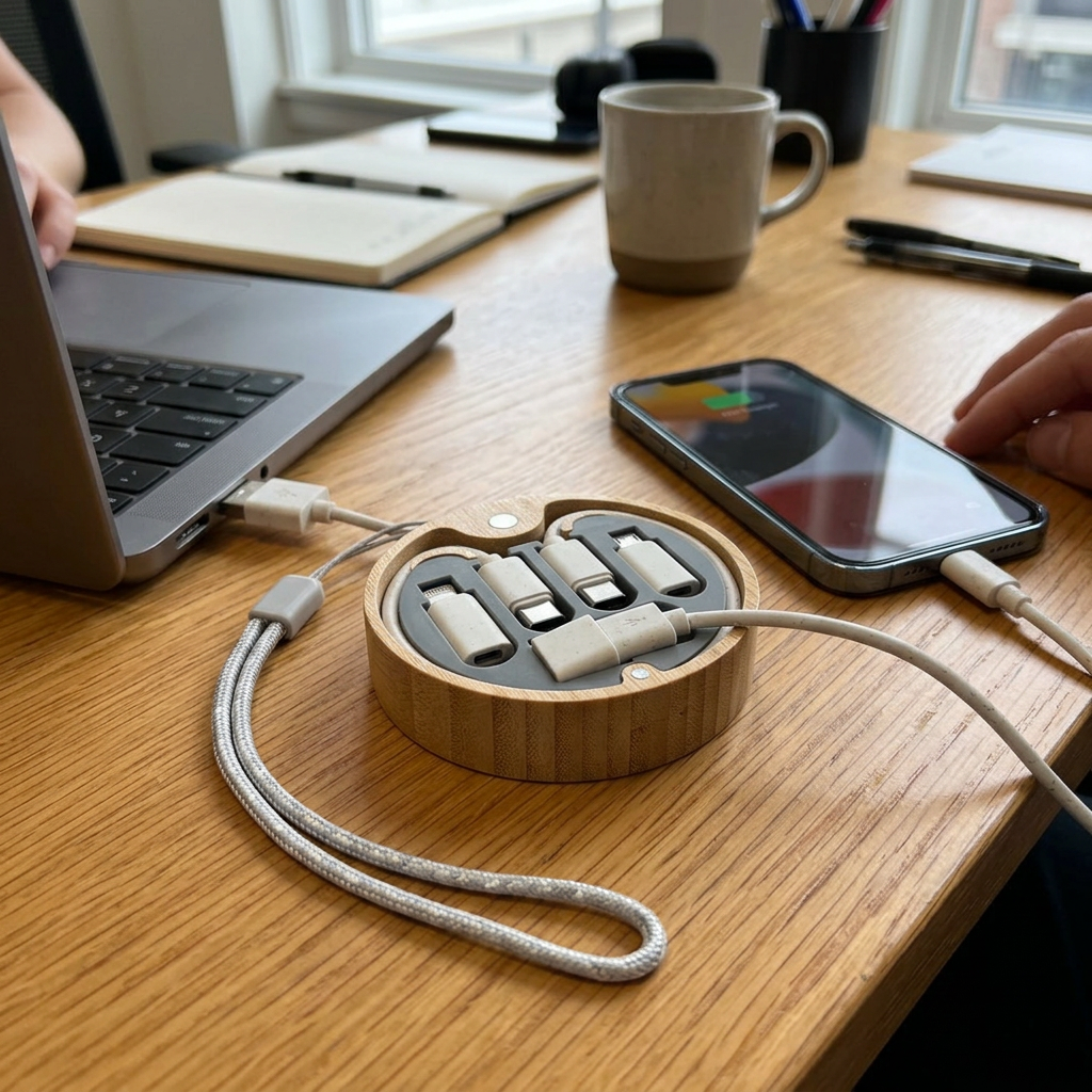 環保小麥六合一充電線，可客製印製企業 LOGO 的3C周邊贈品，在辦公桌上同時為手機與平板充電的小麥秸稈材質充電線｜以泰禮品