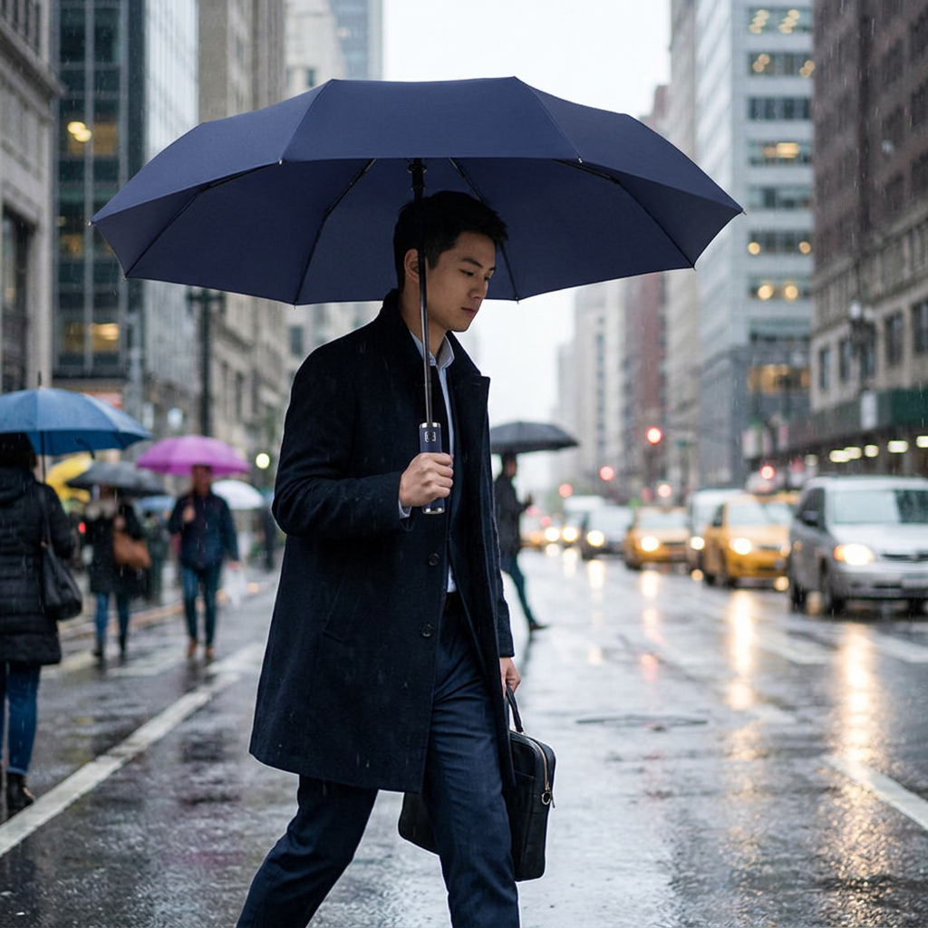 十骨商務防曬全自動雨傘，可客製印製企業 LOGO 的商務雨傘，上班族在雨天辦公大樓門口一鍵撐開的黑色十骨自動傘｜以泰禮品