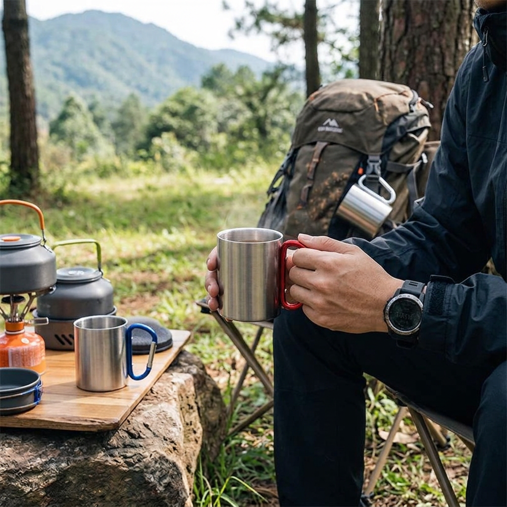 登山扣金屬杯，可客製印製企業 LOGO 的戶外露營贈品，用登山扣掛在背包側邊、營地上盛裝熱咖啡的金屬杯｜以泰禮品