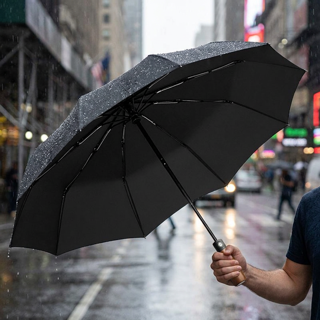 十骨原木柄自動傘，可客製印製企業 LOGO 的質感雨傘禮品，手握原木傘柄在雨天公園步道撐開的十骨自動傘｜以泰禮品