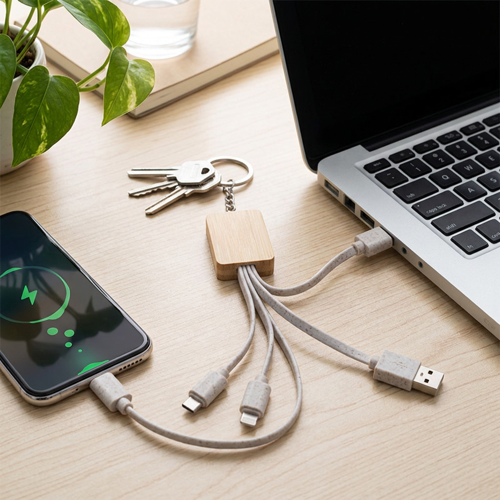 小麥環保充電線，可客製印製企業 LOGO 的環保3C贈品，插在筆電旁為手機充電的小麥秸稈環保材質傳輸線｜以泰禮品