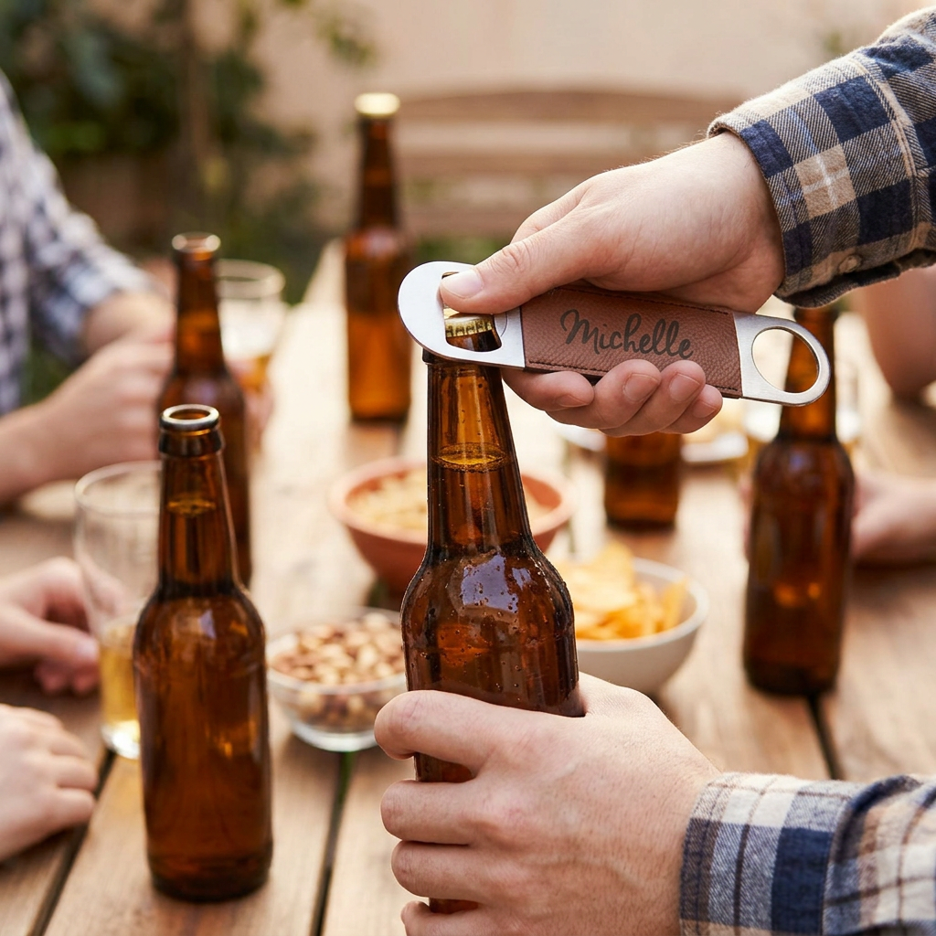 雙開皮革啤酒開瓶器，可客製印製企業 LOGO 的開瓶器贈品，皮革握柄開瓶器在朋友聚會中打開啤酒的情境｜以泰禮品