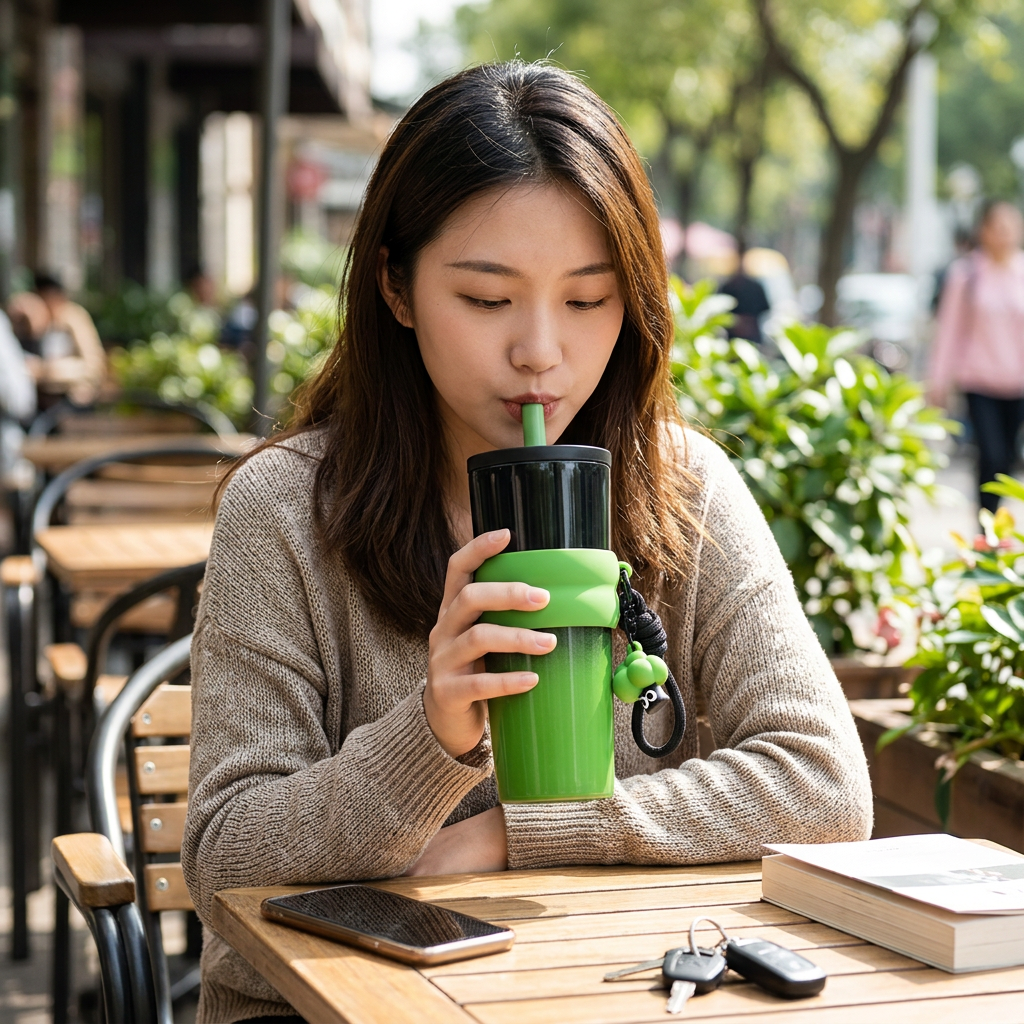 創意吸管杯，可客製印製企業 LOGO 的保溫杯贈品，造型吸管杯裝著冰飲在夏日戶外野餐時使用的情境｜以泰禮品