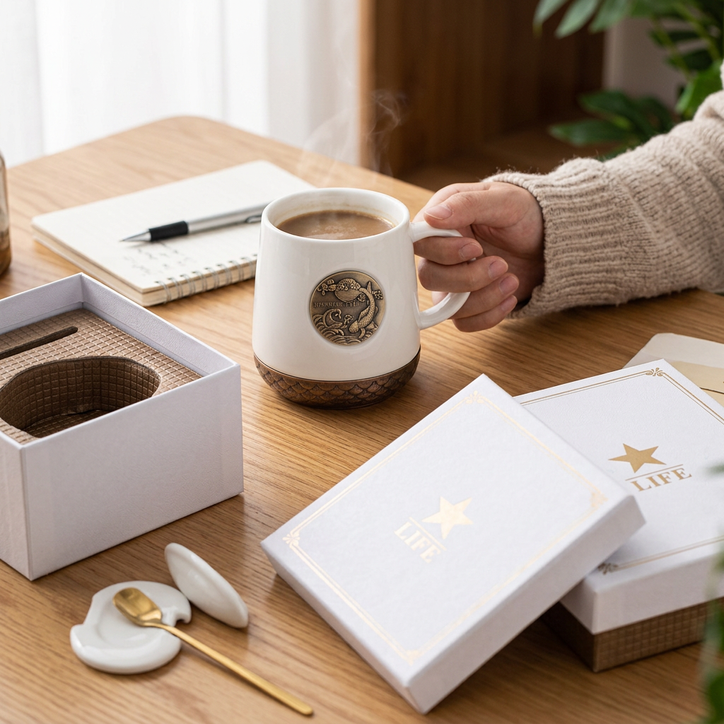 銅片馬克杯禮盒組，可客製印製企業 LOGO 的馬克杯禮盒，杯身嵌銅片銘牌、裝著熱咖啡放在辦公桌上的送禮組｜以泰禮品