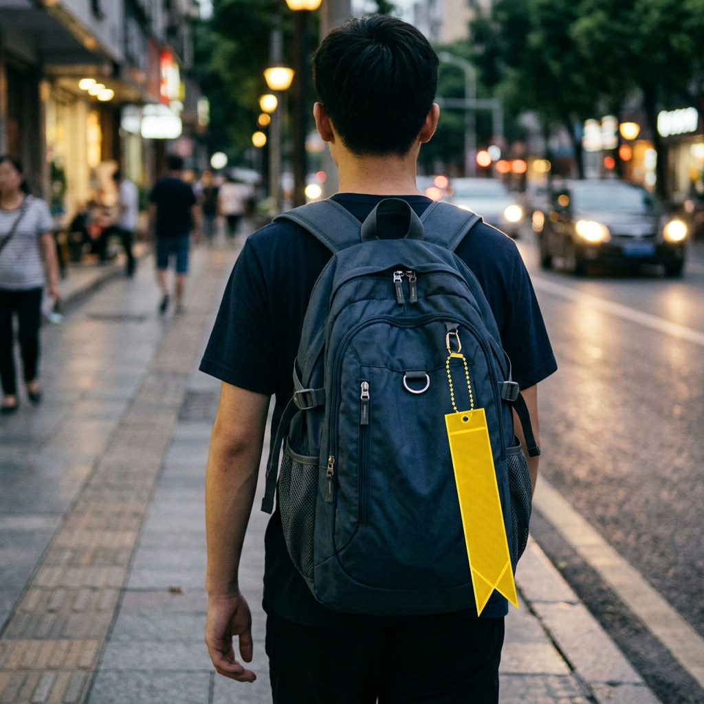 反光掛件飄帶，可客製印製企業 LOGO 的交通安全宣導品，掛在學童書包上、夜間被車燈照射時閃耀反光的安全飄帶吊飾｜以泰禮品