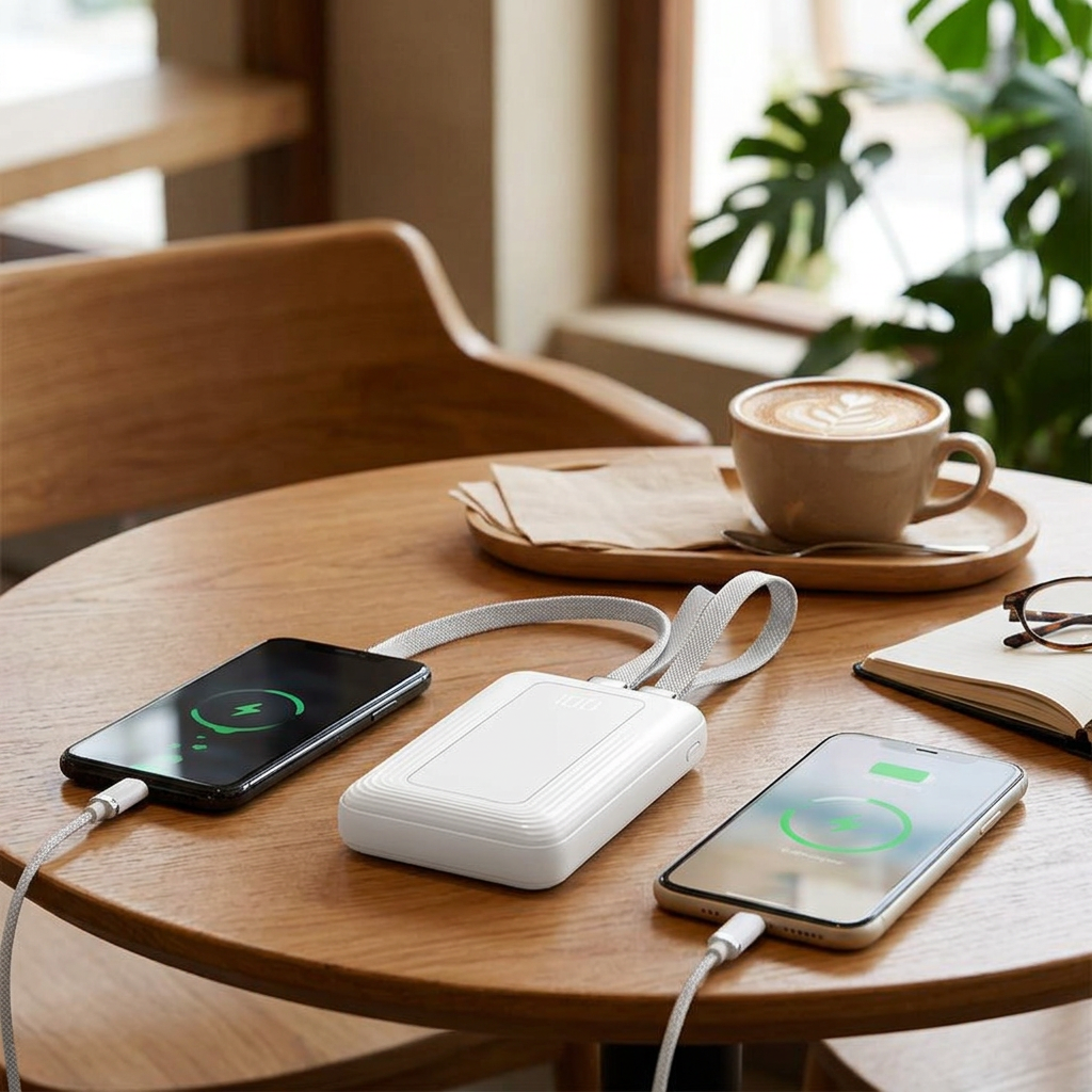便攜雙線行動電源，可客製印製企業 LOGO 的3C贈品，在高鐵車廂裡以兩條內建線同時替手機與耳機充電的行動電源｜以泰禮品