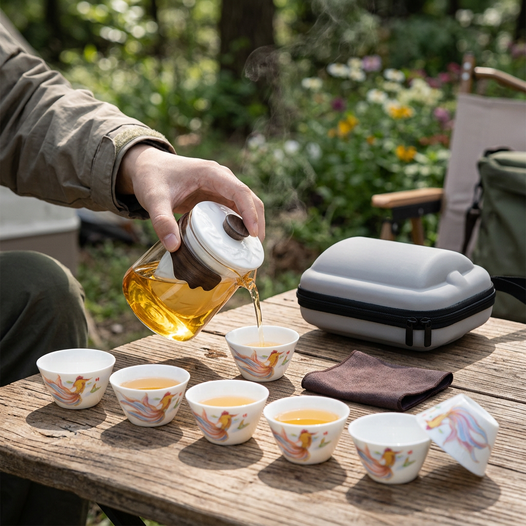 觀山白瓷玻璃旅行茶具組，可客製印製企業 LOGO 的茶具禮盒，在戶外露營桌上展開白瓷茶杯與玻璃壺泡茶的旅行茶具｜以泰禮品