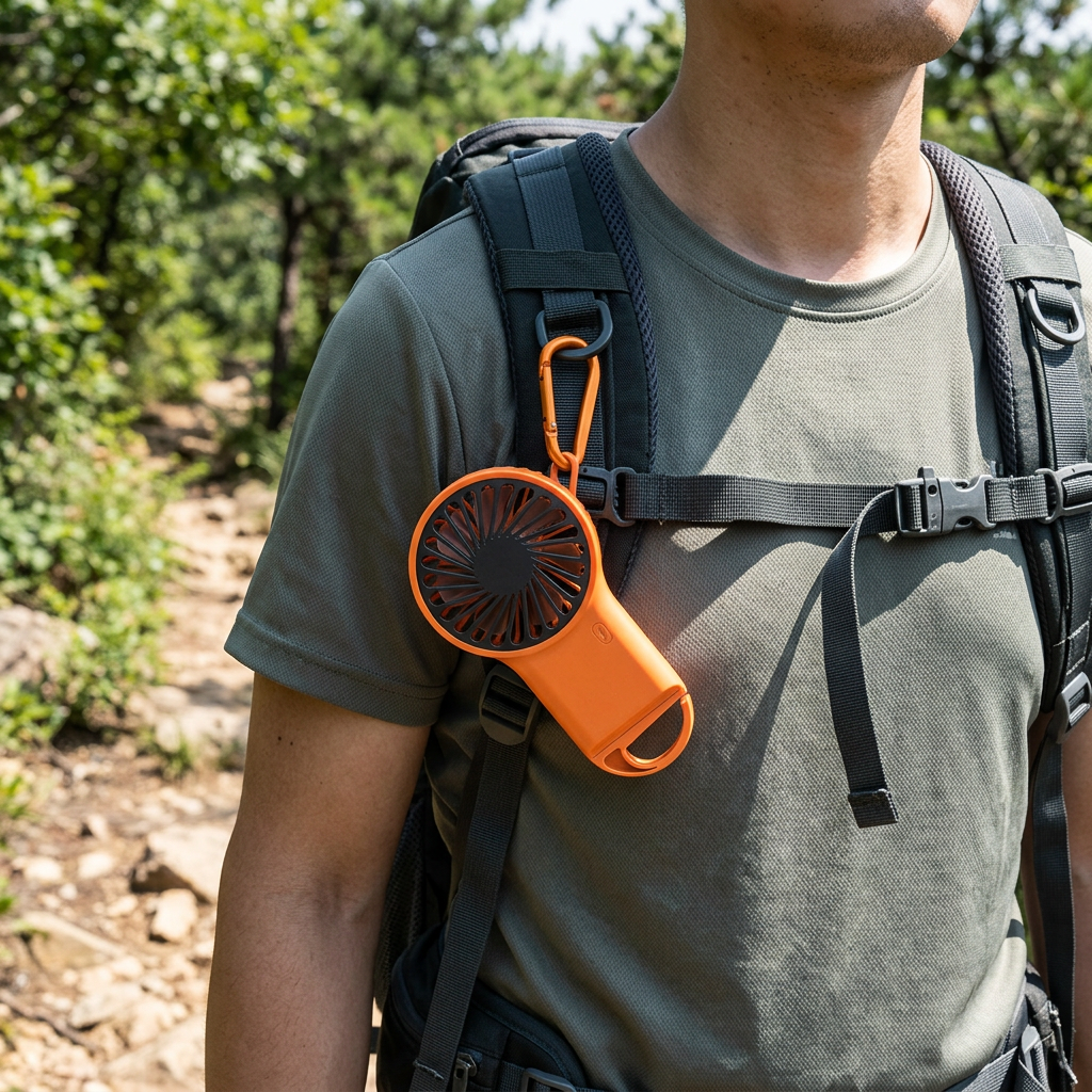 登山扣迷你風扇，可客製印製企業 LOGO 的夏日活動贈品，用登山扣掛在背包肩帶上、戶外健行時吹送涼風的小風扇｜以泰禮品