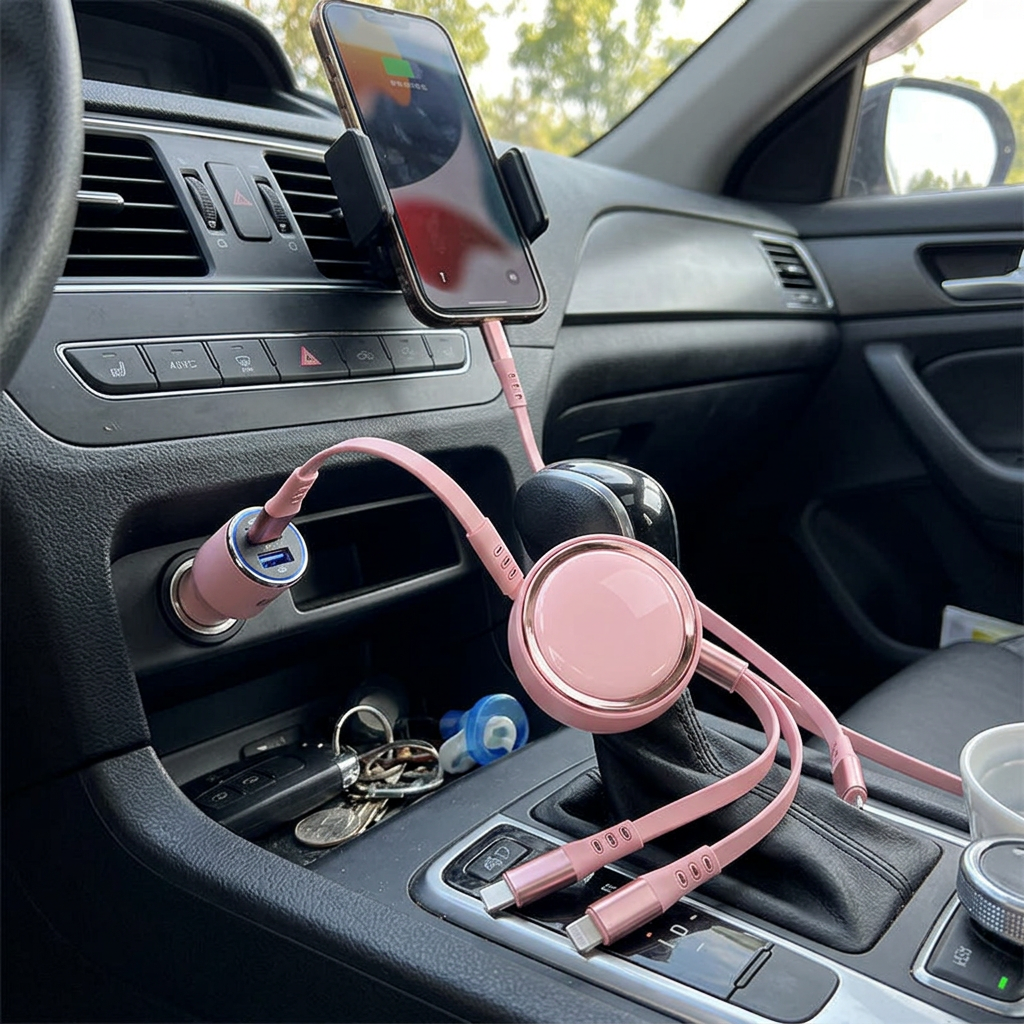 車用三合一伸縮充電線，可客製印製企業 LOGO 的車用贈品，在車內中控台同時為不同接頭手機充電的三合一伸縮式充電線｜以泰禮品