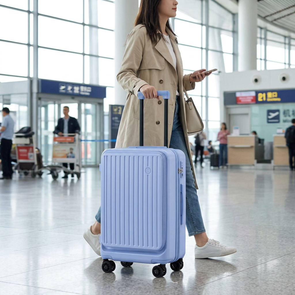 新款前開口行李箱，可客製印製企業 LOGO 的商務旅行禮品，在機場大廳打開前置開口取出筆電的登機行李箱｜以泰禮品