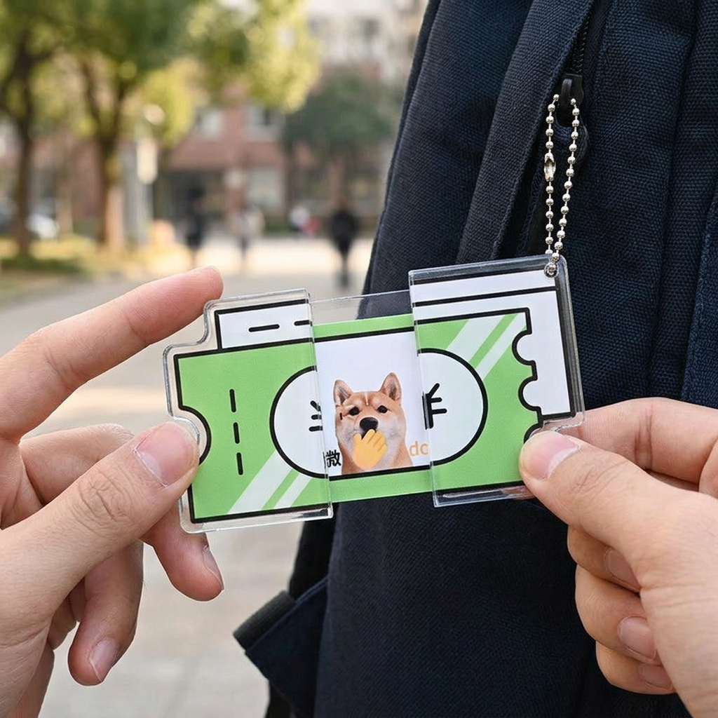 壓克力抽拉鑰匙圈，可客製印製企業 LOGO 的鑰匙圈贈品，抽拉後露出隱藏圖案、掛在包包上的互動式壓克力吊飾｜以泰禮品