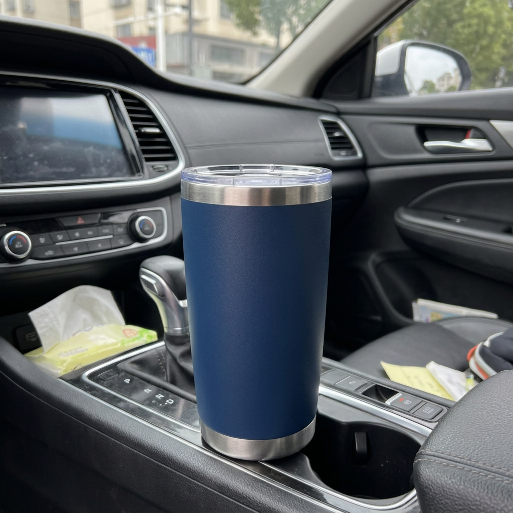 20oz不鏽鋼噴塑汽車杯，可客製印製企業 LOGO 的保溫杯贈品，放在汽車杯架上裝著冰飲、表面噴塑防滑的不鏽鋼車用隨行杯｜以泰禮品