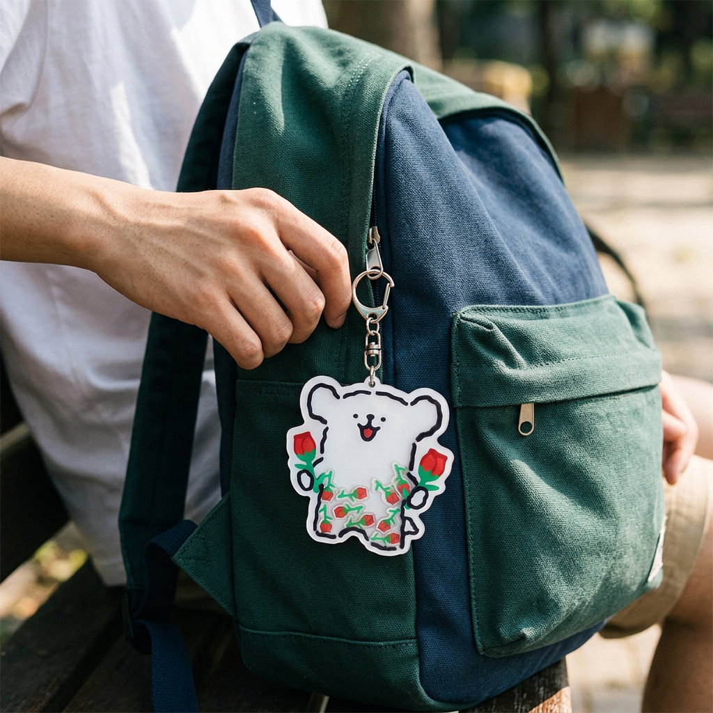 壓克力搖搖樂鑰匙圈，可客製印製企業 LOGO 的活動贈品，掛在背包拉鍊上、內部圖案隨走動搖晃的透明壓克力鑰匙圈｜以泰禮品
