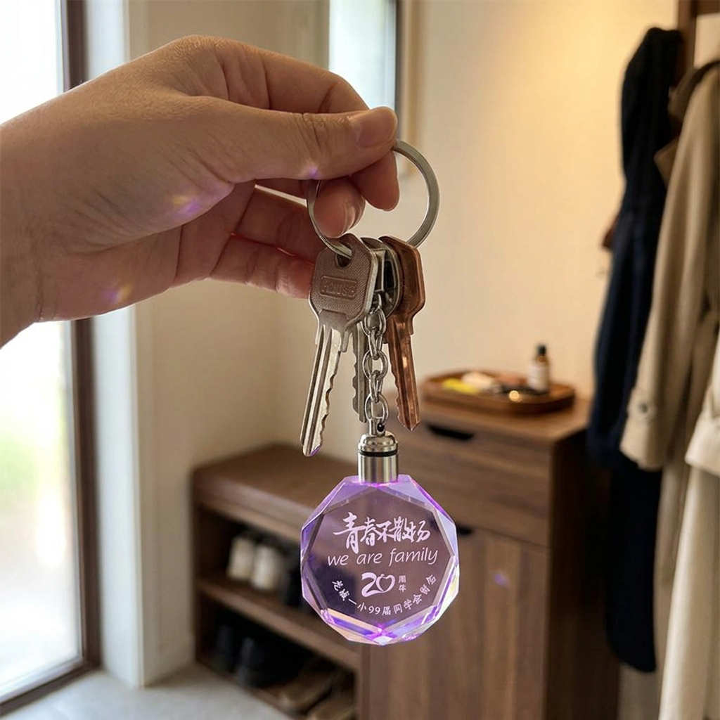 水晶鑰匙圈，可客製印製企業 LOGO 的紀念品贈品，透明水晶內雕圖案、在陽光下閃耀並串著鑰匙的吊飾｜以泰禮品