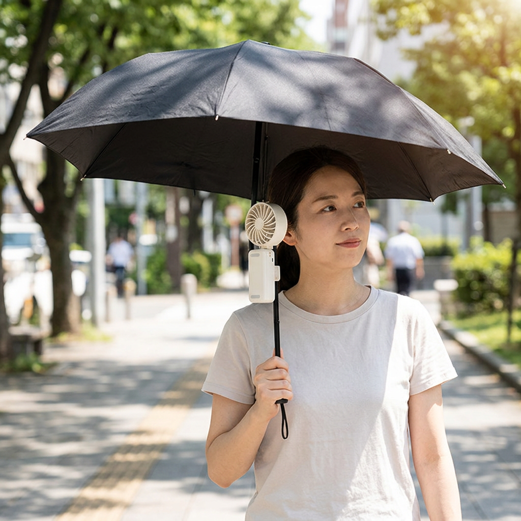 戶外雨傘夾風扇，可客製印製企業 LOGO 的夏日活動贈品，夏日戶外活動時夾在遮陽傘骨上、在傘下吹出涼風的夾式風扇｜以泰禮品