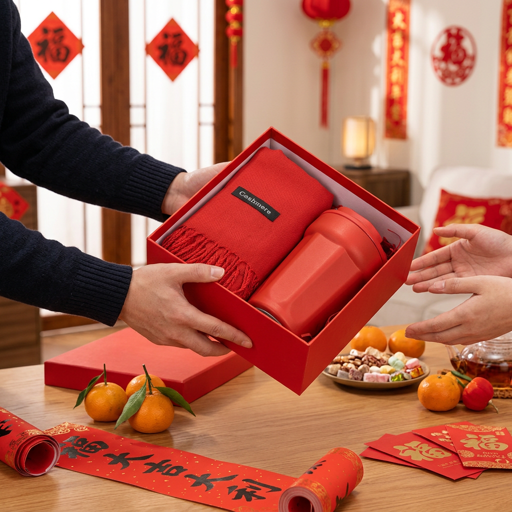 新年紅色喜慶禮盒，可客製印製企業 LOGO 的新年企業禮盒，紅色喜氣包裝擺在年節客廳茶几上、送給客戶的新春賀禮｜以泰禮品