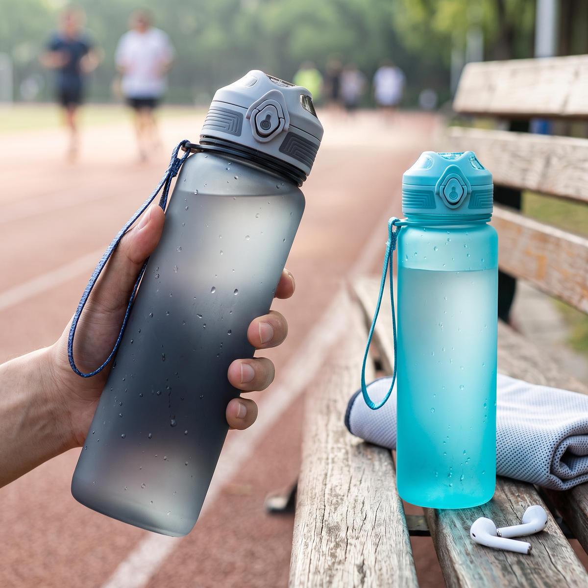 Tritan運動水壺客製LOGO，彈蓋直飲磨砂水壺在戶外跑道的運動會贈品情境｜以泰禮品